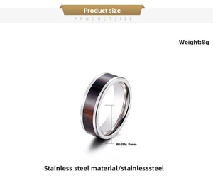 Detail view of 8mm men's stainless steel ring featuring unique dark brown wood grain inlay