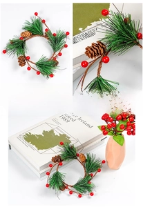 Macro detail of artificial Christmas wreath with pine needles, red berries and pinecones