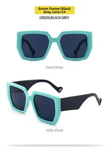 Detailed front and side view of mint green square sunglasses with dark grey lenses