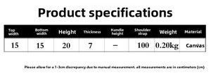 Size chart showing canvas crossbody bag dimensions: 15x20x7cm with 100cm strap