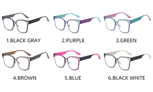 Grid display of six colorful metal and acetate glasses frames with contrast temples