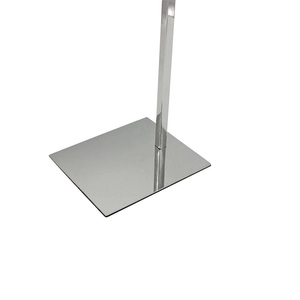 Detail of steady rectangular silver metal base and square column of the handbag stand