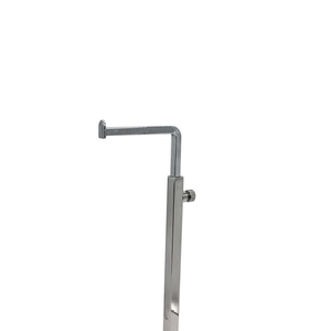 Close-up of adjustable metal handbag display rack with L-shaped hook and screw knob