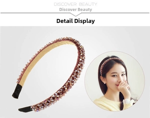 Detail of crystal headband with brown purple beads and non-slip lining for hair styling