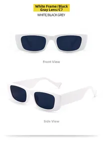 Front and side views of vintage small rectangular sunglasses in white with dark grey lenses