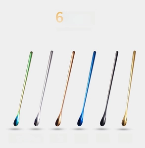 Macro view of six multicolored long-handled 304 stainless steel coffee stirring spoons