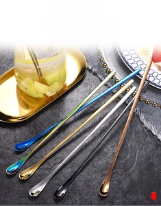 Macro view of long-handled SUS304 stainless steel spoons in six assorted metallic colors