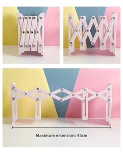 Pink metal bookend expanding from closed to 48cm maximum width in three stages