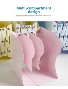 Detail of expandable metal bookend showing flexible compartments and smooth rounded edges