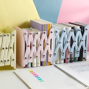 Adjustable macaron metal bookends in pink, blue and yellow for desk organization