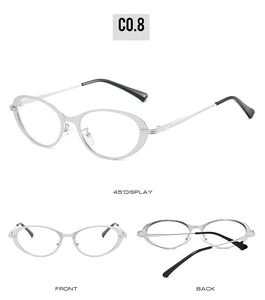 Detailed views of silver oval metal frame glasses from front, back and side angles