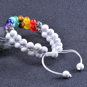Handmade chakra beaded bracelet with white turquoise stones and adjustable woven cord
