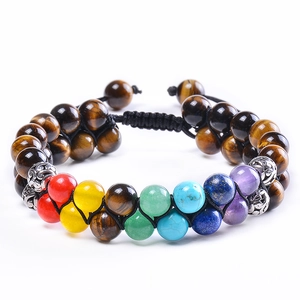 Detailed close-up of double-layer woven tiger eye beads and seven chakra healing gemstones