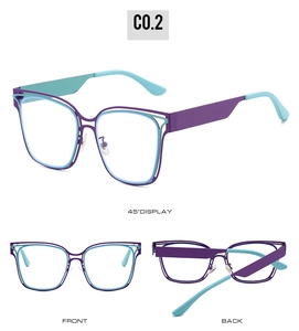 Detail view of large geometric glasses frames with purple and mint green color-blocking design