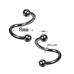 Black spiral piercing ring 16G 1.2mm with 8mm inner diameter and 3mm ball studs