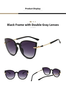 Detailed views of cat-eye sunglasses with black frames and purple gradient lenses