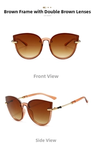 Front and side view of cat eye sunglasses with gradient tea lenses and gold metal arms