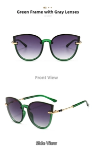 Detail view of cat eye sunglasses with green transparent frames and gradient grey lenses
