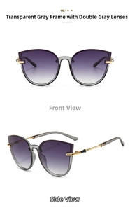 Detail of cat-eye sunglasses with transparent grey frame and gold metal temples
