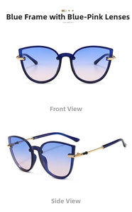Cat eye sunglasses with blue gradient lenses and gold metallic temple details