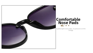 Close-up of cat eye sunglasses featuring comfortable integrated nose pads and purple lenses