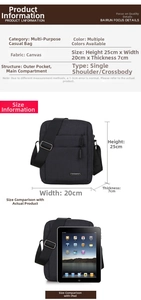 Detailed view of black canvas crossbody bag dimensions 25x20x7cm with multi-pocket layout