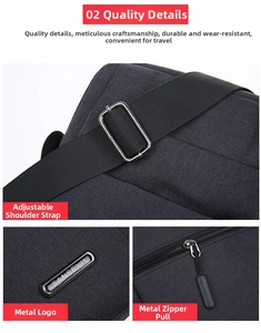 Detail of adjustable strap buckle and durable fabric with metal brand logo and zipper
