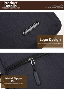 Detail of Sanseyu brand metal logo plate and durable zipper pull on oxford fabric bag