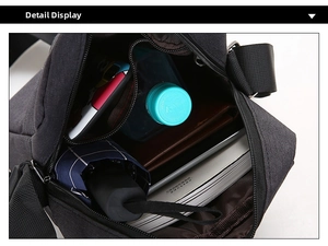Detail view of large capacity black oxford crossbody bag with multiple inner storage layers