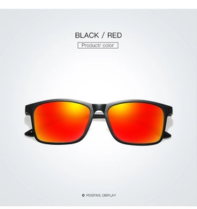 Front view of square TR polarized sunglasses with black frame and red mercury lenses