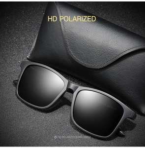 Detailed close-up of TR90 polarized sunglasses with high-definition lenses and leather case