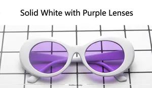 Front view of oval sunglasses with a solid white frame and translucent purple lenses