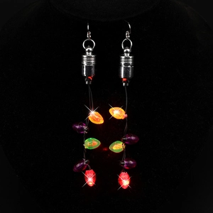Christmas LED light-up drop earrings featuring colorful glowing bulbs on black bust