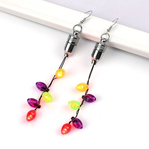 Close-up of LED Christmas light earrings with colorful bulbs and silver ear hooks