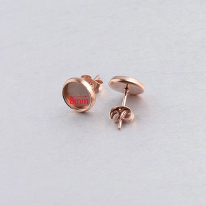 Macro view of 8mm rose gold stainless steel round stud earring base with size marking