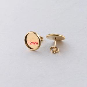 Macro shot of 12mm gold plated stainless steel earring stud base for DIY jewelry making