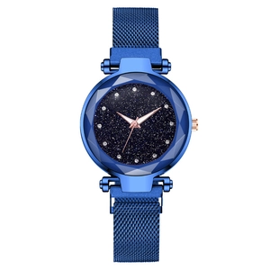 Women's starry sky watch with blue Milanese magnetic band and faceted glass face