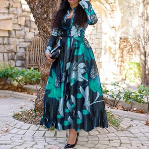 Teal floral print long sleeve A-line maxi dress with button-front and belted waist