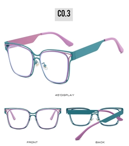 Detailed views of teal and pink square eyeglass frames showing front and side angles