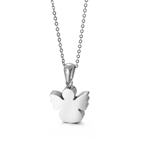Collana con ciondolo angelo in acciaio al titanio argento lucido per donna su fondo bianco