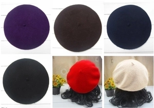 Collage of kids wool beret hats in six colors including navy blue and dark purple