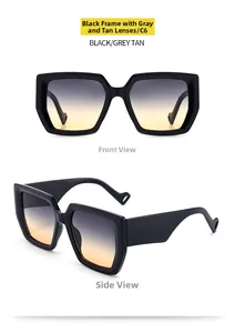Macro view of square thick frame sunglasses showing grey tan gradient lenses and side detail