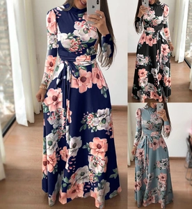 Abito Lungo Da Donna Con Stampa Floreale Manica Lunga Poliestere Con Cintura Collo Alto Vita Alta Linea A Casual