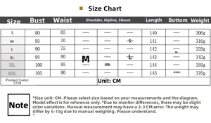 Detailed size chart for evening chiffon dress with bust and waist measurements in CM