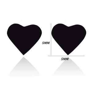 Minimalist 5mm heart-shaped black stainless steel stud earrings on white background