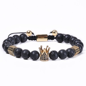 Black lava stone crown bracelet with gold zircon pave accents and adjustable cord