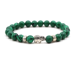 Green malachite beaded bracelet for men featuring a vintage silver elephant charm