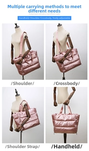 Metallic pink quilted tote bag showing four versatile carrying styles for travel and gym