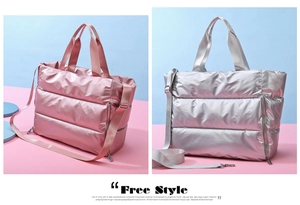 Waterproof quilted gym bags for women in metallic pink and silver glossy nylon
