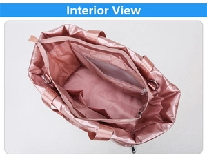 Top view showing spacious interior pockets and pink metallic nylon of the fitness travel bag